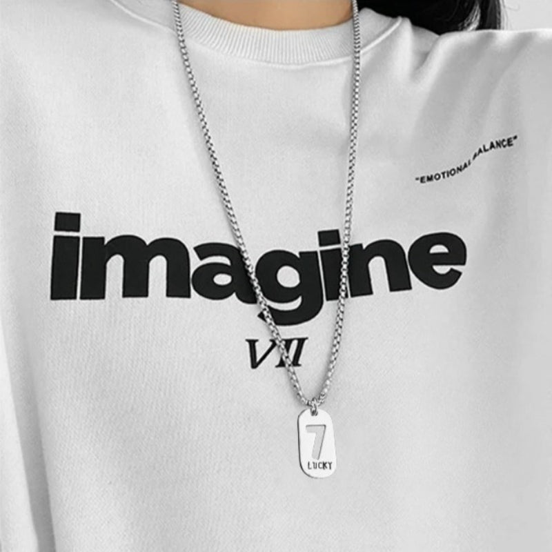 lucky number 7 pendant necklace for men women premium titanium steel dog tag nameplate hip hop punk streetwear jewelry long box chain sweater necklace gift