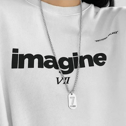 Lucky Number 7 Pendant Necklace for Men Women Premium Titanium Steel Dog Tag Nameplate Hip Hop Punk Streetwear Jewelry Long Box Chain Sweater Necklace Gift