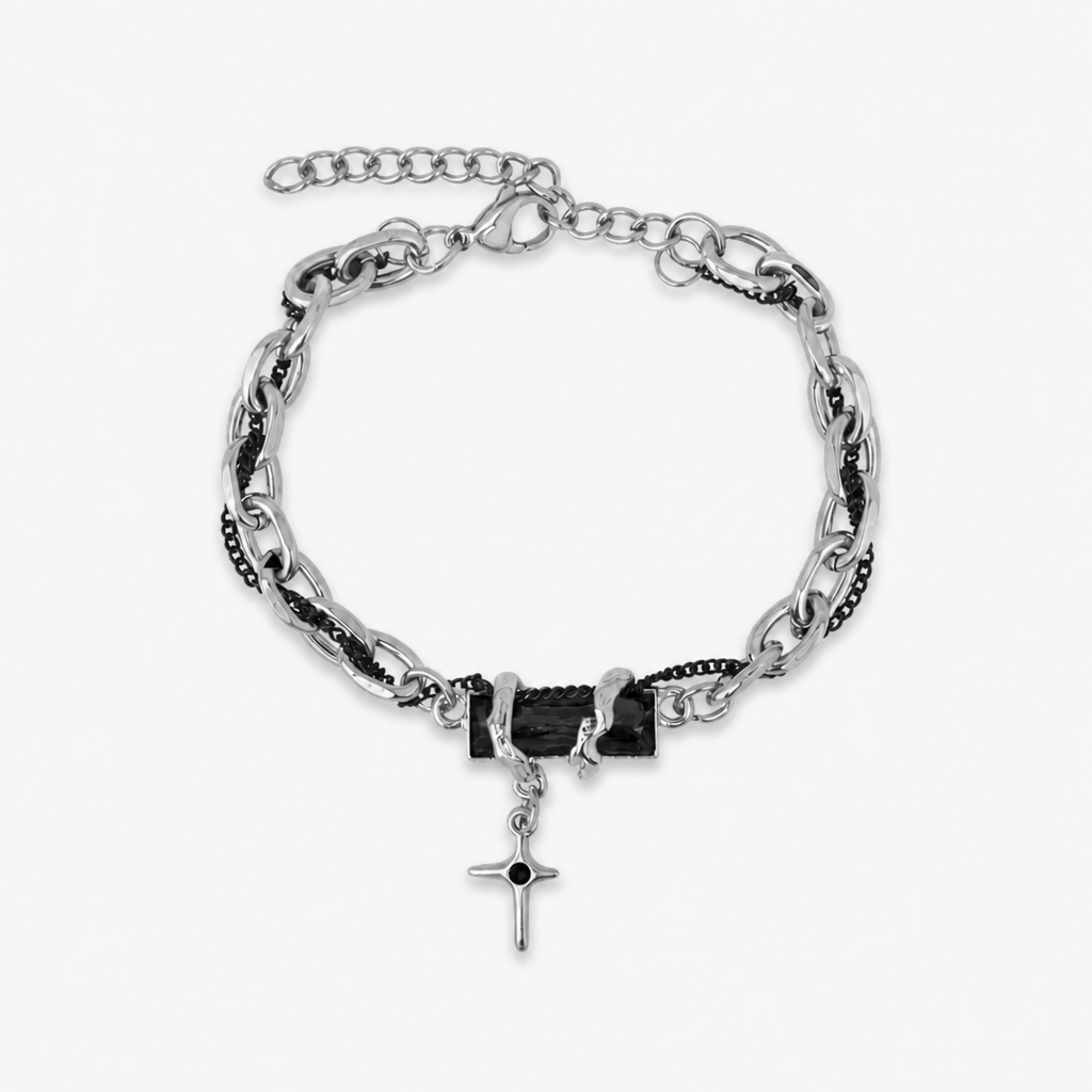 titanium steel black cubic zirconia cross chain bracelet for men women layered cable curb link wristband gothic punk cross charm jewelry eboy egirl y2k aesthetic gift