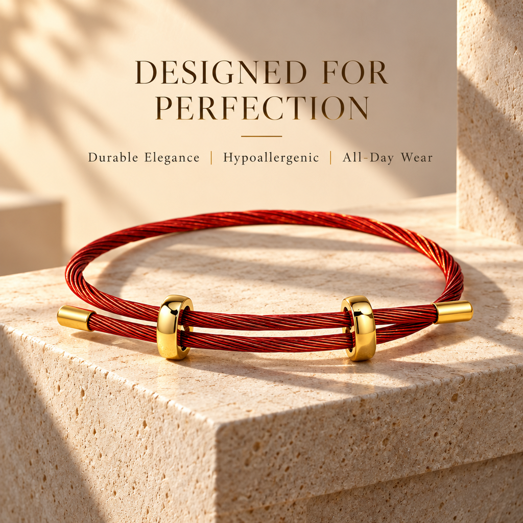 adjustable red multi-strand steel cable bracelet for men and women, minimalist wire rope wristband with gold-color slider clasps, 9.5 inch maximum length, lightweight modern layering accessory for everyday wear, casual gift for him or her