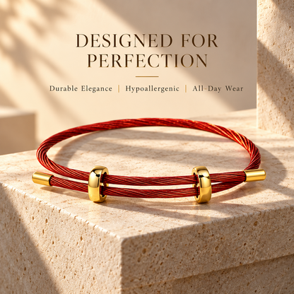 Adjustable Red Multi-Strand Steel Cable Bracelet for Men and Women, Minimalist Wire Rope Wristband with Gold-Color Slider Clasps, 9.5 Inch Maximum Length, Lightweight Modern Layering Accessory for Everyday Wear, Casual Gift for Him or Her