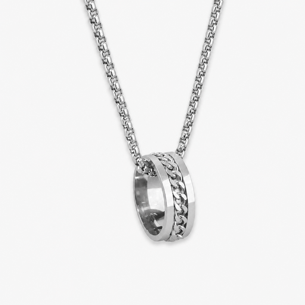 waterproof tarnish-free spinner ring necklace, premium titanium steel rotatable chain pendant, durable minimalist hip hop streetwear fidget anxiety relief jewelry gift