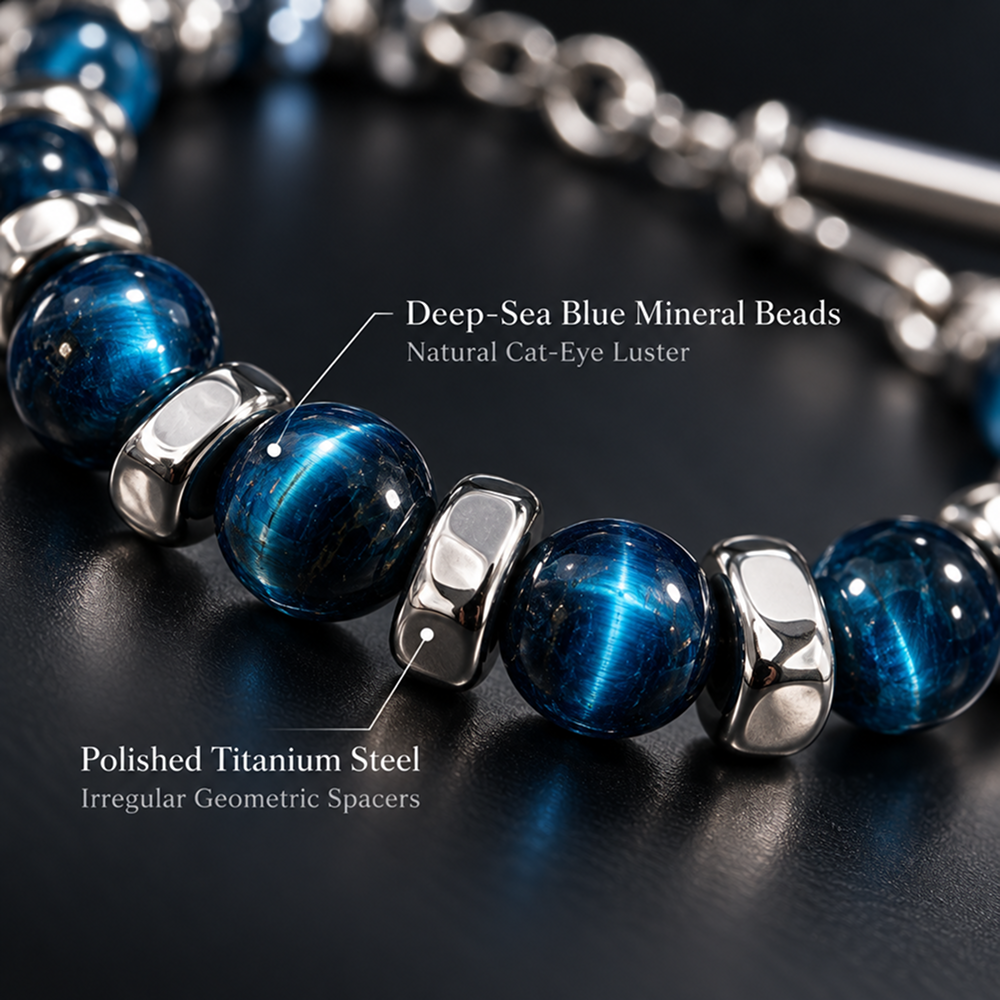 men's blue bead bracelet with silver-tone spacers and adjustable chain