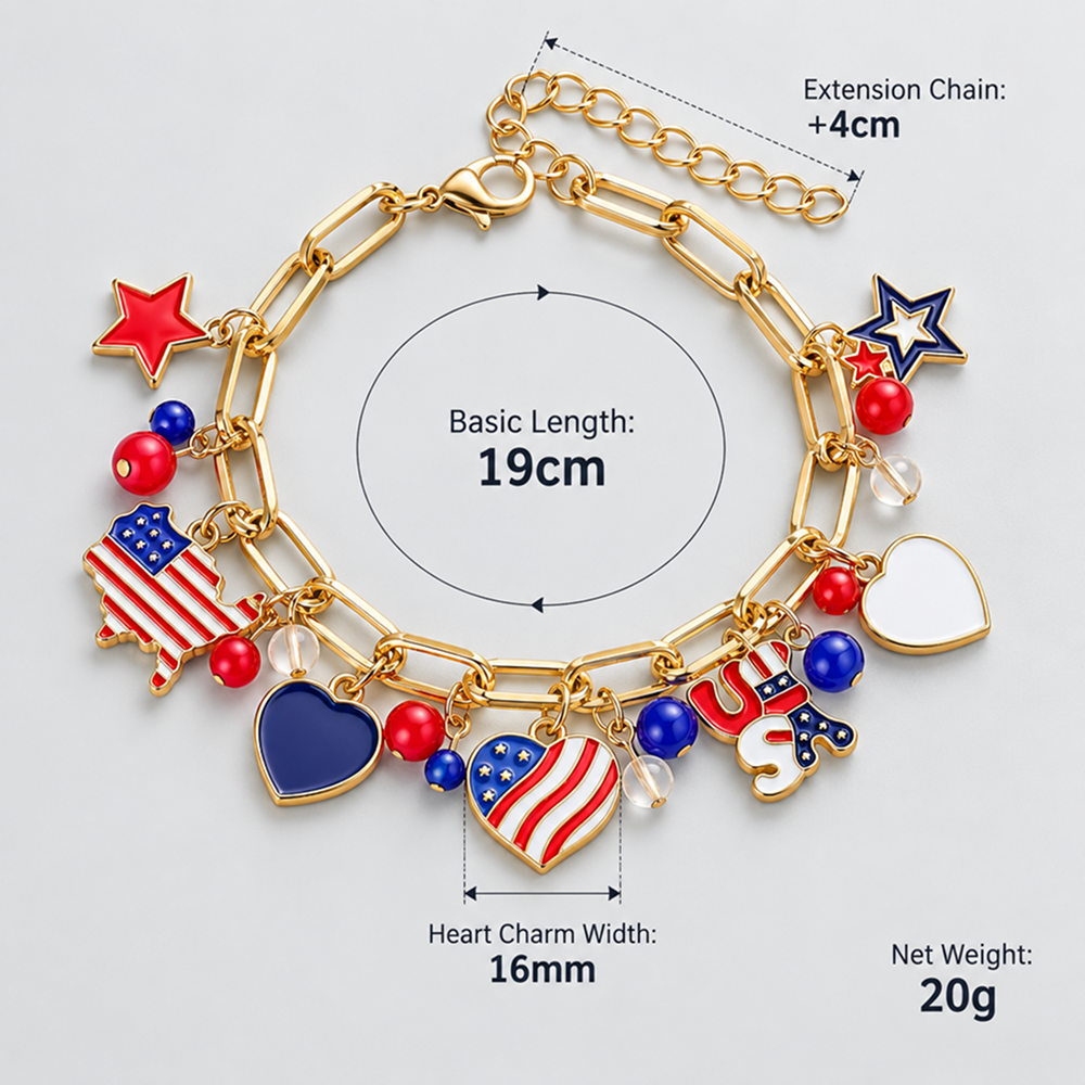 gold-tone usa patriotic charm bracelet with flag, heart and star designs and adjustable extender