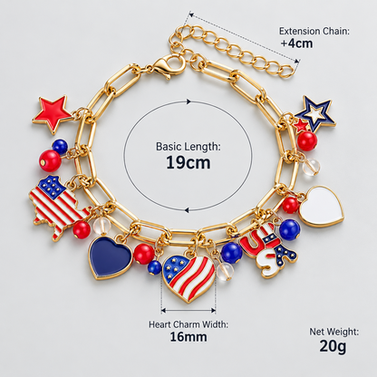 Gold-Tone USA Patriotic Charm Bracelet with Flag, Heart and Star Designs and Adjustable Extender