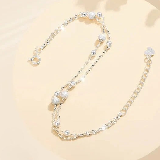 dainty double layer silver tone bracelet for women girls gypsophila sparkling bead bracelet layered cable chain minimalist frosted textured shiny round bead strand stack choker clavicle foot wrist jewelry valentine birthday gift