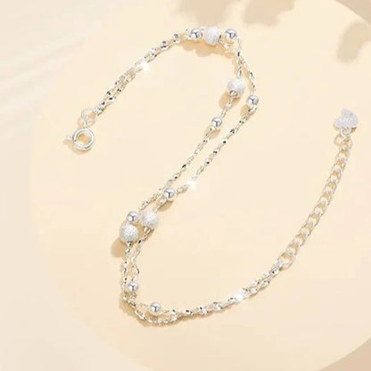 Dainty Double Layer Silver Tone Bracelet for Women Girls Gypsophila Sparkling Bead Bracelet Layered Cable Chain Minimalist Frosted Textured Shiny Round Bead Strand Stack Choker Clavicle Foot Wrist Jewelry Valentine Birthday Gift
