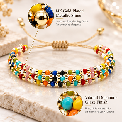 Three-Strand Beaded Bracelet for Women, Glossy Multicolor Beads with Gold-Tone Round Beads, Adjustable Sliding Knot Cord Closure, Boho Vintage Style Layered Design with Dangling Cord Ends, Colorful Jewelry for Everyday Wear, Vacations and Birthday Gi