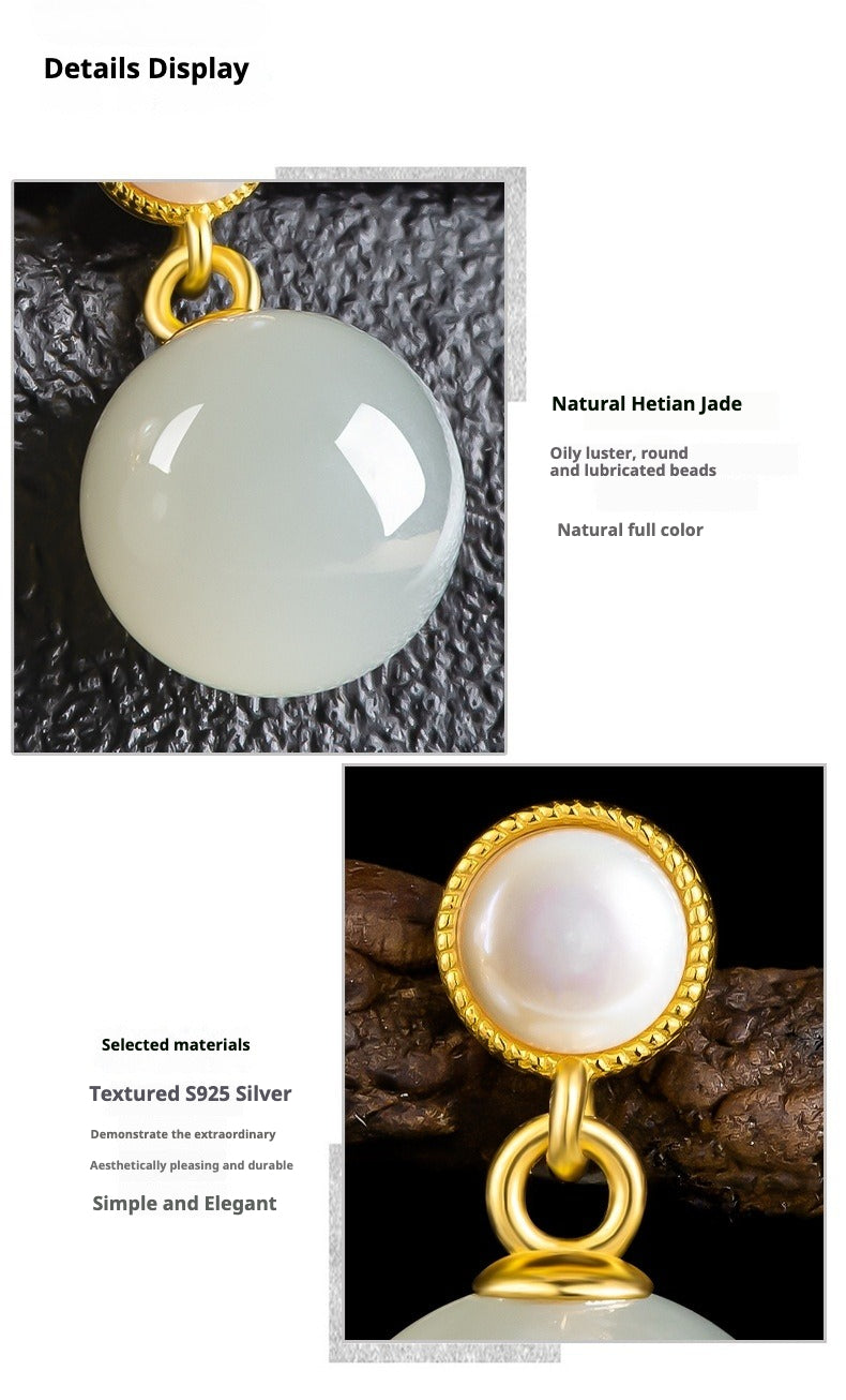 elegant hetian jade & pearl stud earrings | s925 silver inlay | stylish and simple design