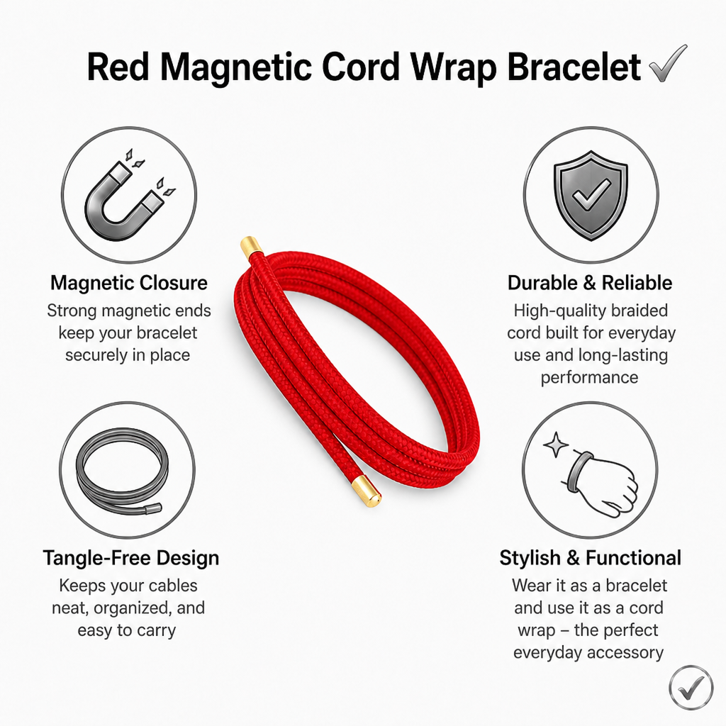 red string magnetic wrap bracelet for women & men, 20-inch waterproof braided cord with gold magnetic clasp, lucky protection jewelry, couple matching bracelet, diy charm cord