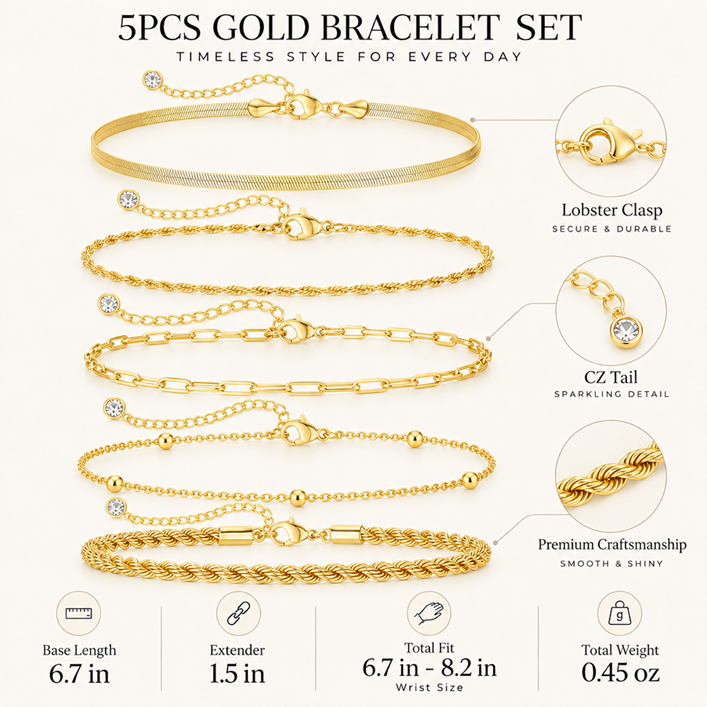 5-piece bracelet set for women, electroplated brass chain bracelets with herringbone, rope, twisted, paperclip and bead station designs, adjustable lobster clasps, 6.7 inch length with 1.5 inch extenders, layering jewelry for everyday wear and gift g