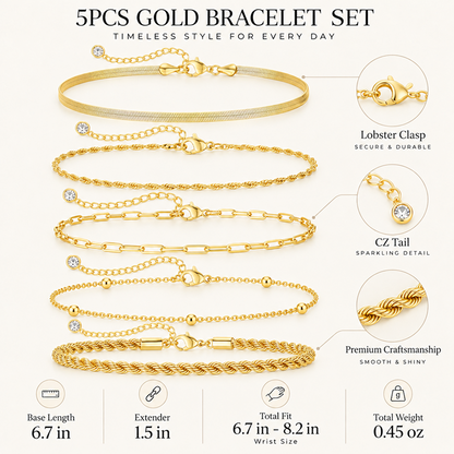 5-Piece Bracelet Set for Women, Electroplated Brass Chain Bracelets with Herringbone, Rope, Twisted, Paperclip and Bead Station Designs, Adjustable Lobster Clasps, 6.7 Inch Length with 1.5 Inch Extenders, Layering Jewelry for Everyday Wear and Gift G