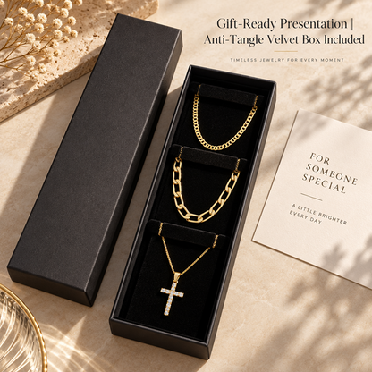 Layered Cross Necklace Set for Women, 3 Gold-Tone Electroplated Brass Chains with Sparkling Cross Pendant, Flat Link and Paperclip Styles, 15, 16 and 18 Inch Lengths with 2 Inch Extenders, Lobster Clasps, Everyday Jewelry for Blouses, Dresses and Swe