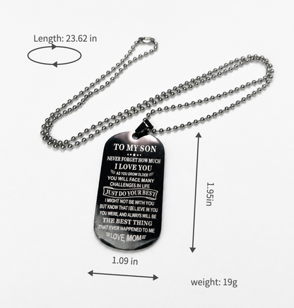Engraved Dog Tag Necklace for Son from Mom Stainless Steel Military ID Card Pendant Inspirational Message Charm Long Ball Bead Chain Birthday Graduation Gift for Boys Men Black Silver 23.6" 20g
