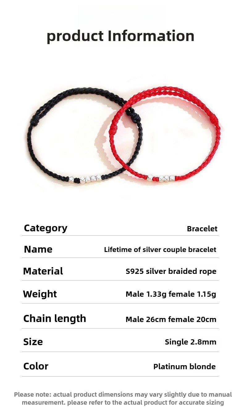 silver couples braided bracelet | handmade red string bracelet with 925 sterling silver beads