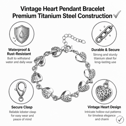 Vintage Carved Heart Pendant Bracelet for Men Women Stainless Titanium Steel Link Chain Necklace Couples Matching Jewelry Gothic Punk Streetwear Gift Accessories