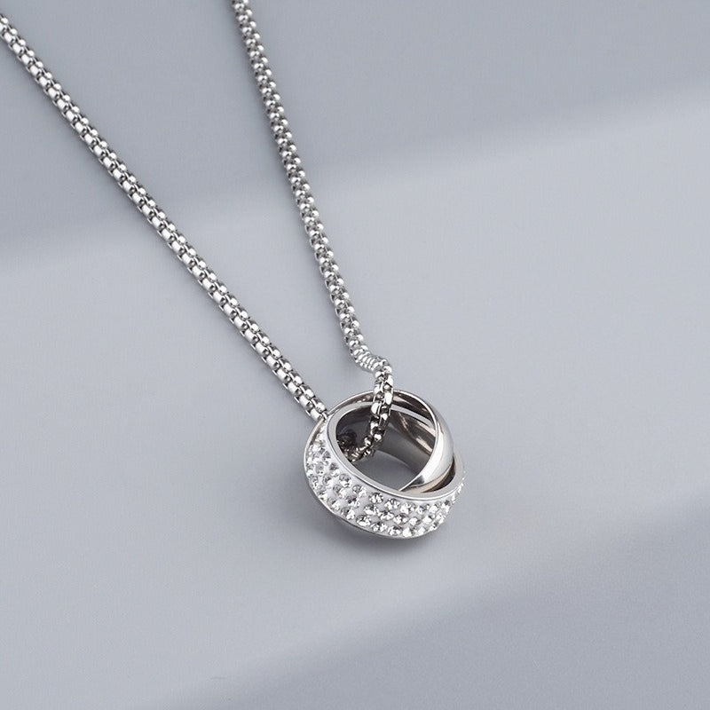 titanium steel double ring pendant necklace for men unisex iced out rhinestone interlocking circle pendant hip hop streetwear box chain high street cyberpunk jewelry