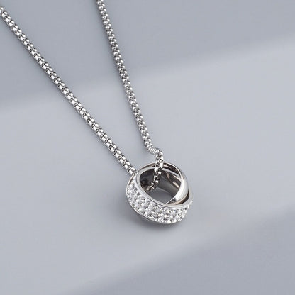 Titanium Steel Double Ring Pendant Necklace for Men Unisex Iced Out Rhinestone Interlocking Circle Pendant Hip Hop Streetwear Box Chain High Street Cyberpunk Jewelry