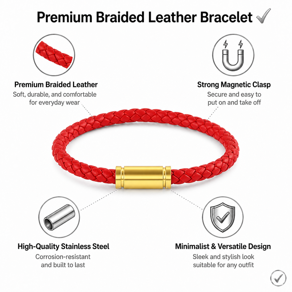 braided leather bracelet with strong magnetic clasp, 5mm stainless steel gold-tone closure wristband, unisex jewelry gift for men & women everyday wear