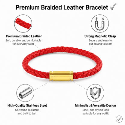 Braided Leather Bracelet with Strong Magnetic Clasp, 5mm Stainless Steel Gold-Tone Closure Wristband, Unisex Jewelry Gift for Men & Women Everyday Wear