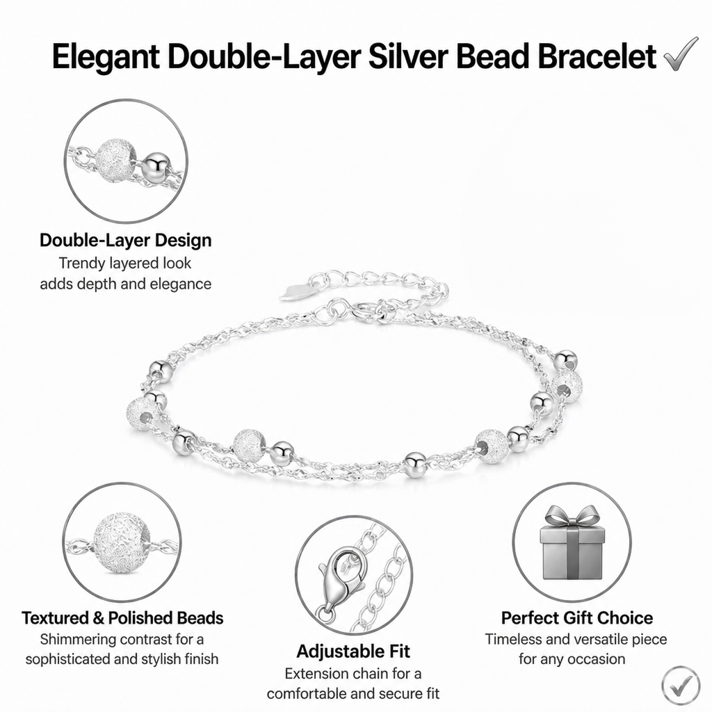 dainty double layer silver tone bracelet for women girls gypsophila sparkling bead bracelet layered cable chain minimalist frosted textured shiny round bead strand stack choker clavicle foot wrist jewelry valentine birthday gift
