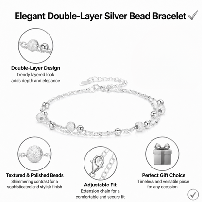 Dainty Double Layer Silver Tone Bracelet for Women Girls Gypsophila Sparkling Bead Bracelet Layered Cable Chain Minimalist Frosted Textured Shiny Round Bead Strand Stack Choker Clavicle Foot Wrist Jewelry Valentine Birthday Gift