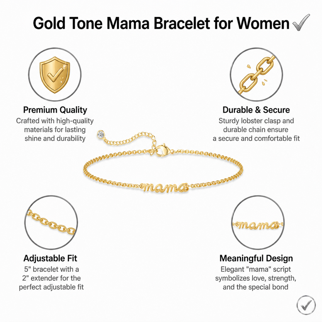 gold-tone mama bracelet for women, electroplated brass adjustable chain bracelet, dainty mother's day birthday gift for mom