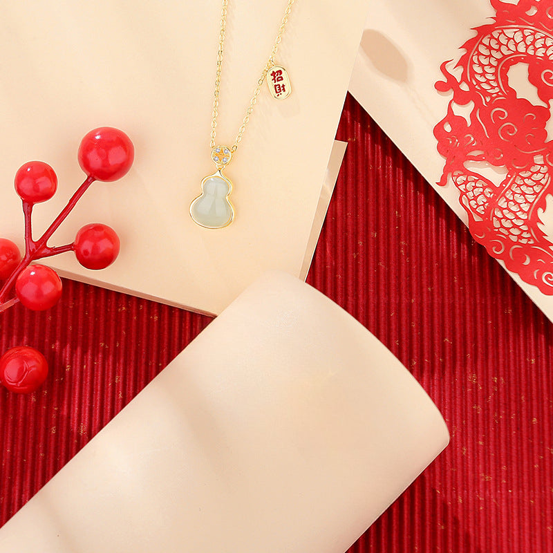 Stone Necklace - Chinese Gourd Pendant with Hetian Jade or Red Agate | STAR8S