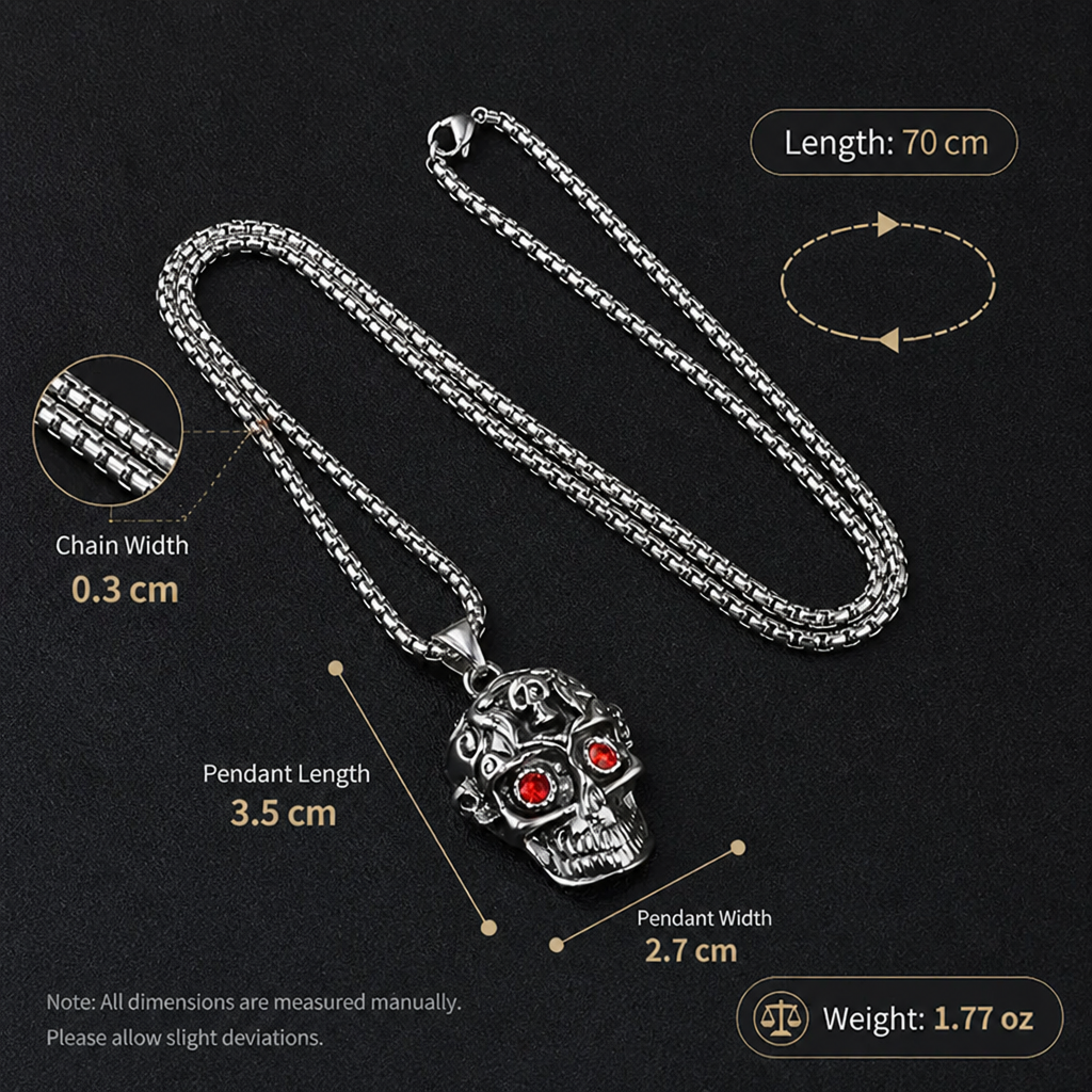 men's punk skull pendant necklace with red rhinestone eyes stainless steel box chain hip hop streetwear gothic biker skull jewelry heavy duty stainless steel pendant for men