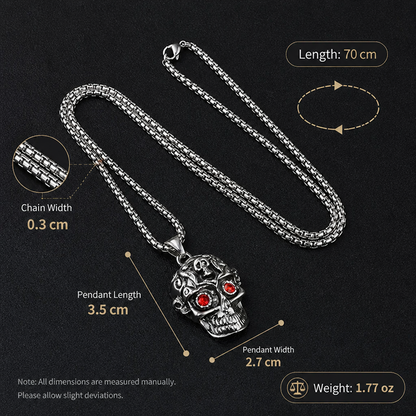 Men's Punk Skull Pendant Necklace with Red Rhinestone Eyes Stainless Steel Box Chain Hip Hop Streetwear Gothic Biker Skull Jewelry Heavy Duty Stainless Steel Pendant for Men