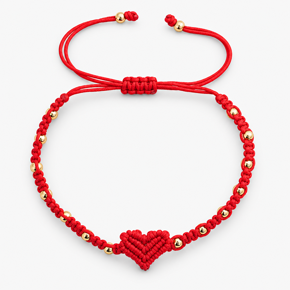 red cord heart bracelet with gold-tone beads, sliding knot and love message card