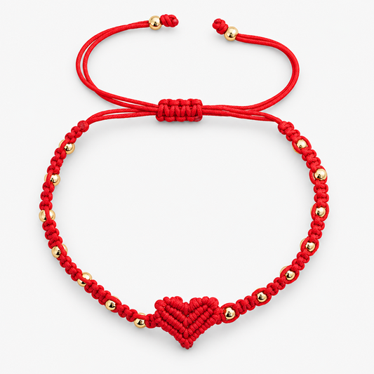 Red Cord Heart Bracelet with Gold-Tone Beads, Sliding Knot and Love Message Card