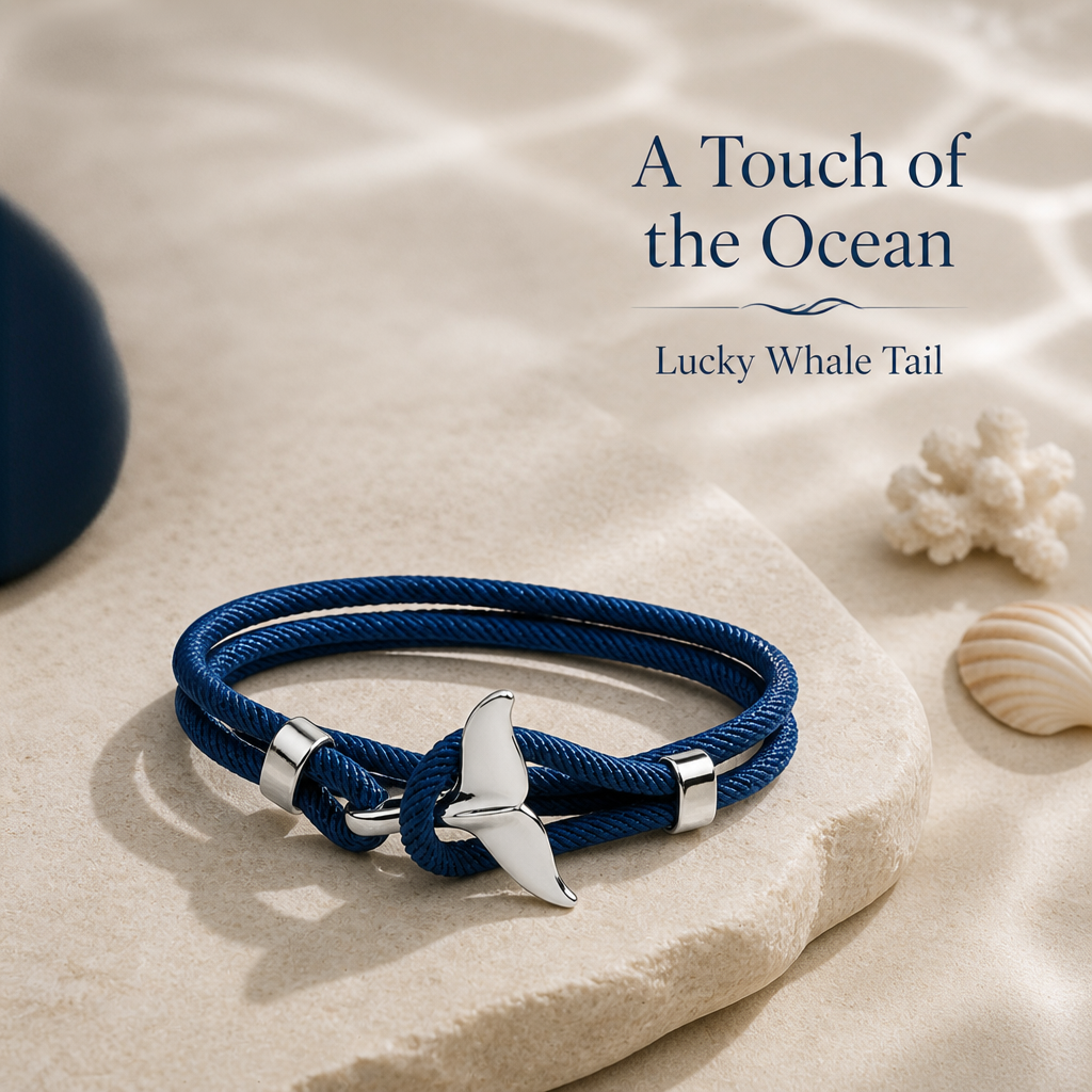 navy whale tail wrap bracelet, electroplated alloy and braided milan cord, adjustable ocean-inspired couple bracelet