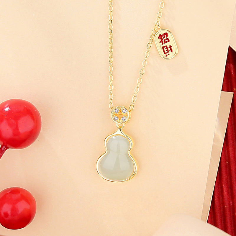 Stone Necklace - Chinese Gourd Pendant with Hetian Jade or Red Agate | STAR8S