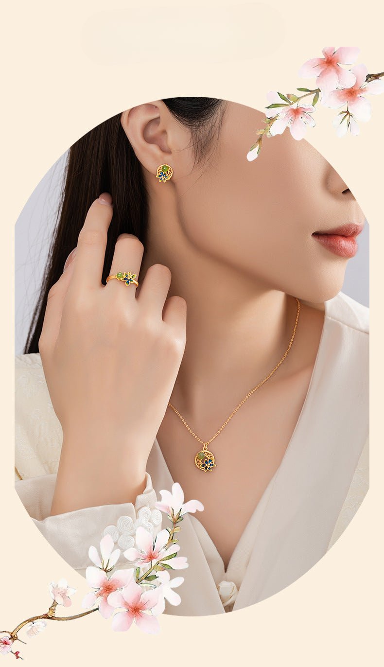 Elegant Flower Ear Stud Piercing - Hetian Jasper 925 Silver, Moon & Gold - Plated | STAR8S