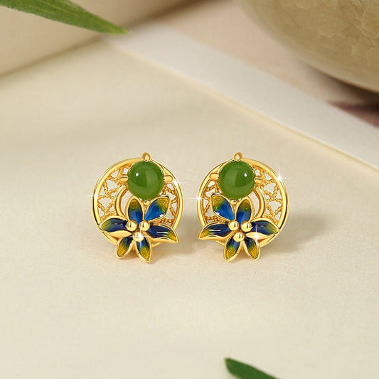 Elegant Flower Ear Stud Piercing - Hetian Jasper 925 Silver, Moon & Gold - Plated | STAR8S