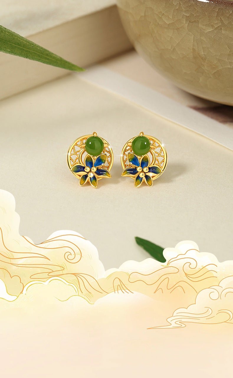 Elegant Flower Ear Stud Piercing - Hetian Jasper 925 Silver, Moon & Gold - Plated | STAR8S