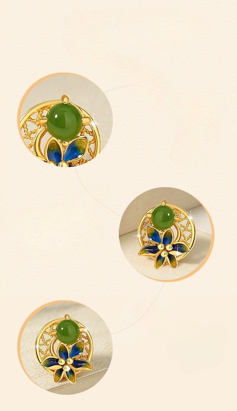 Elegant Flower Ear Stud Piercing - Hetian Jasper 925 Silver, Moon & Gold - Plated | STAR8S
