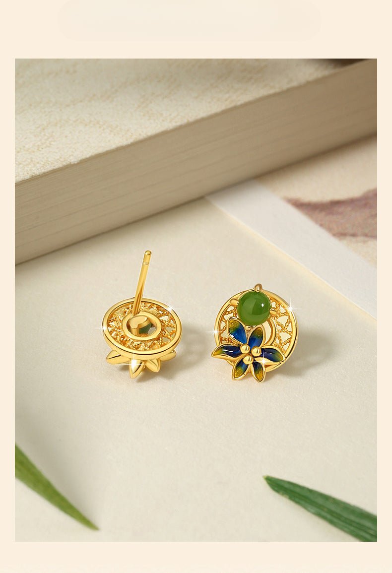 Elegant Flower Ear Stud Piercing - Hetian Jasper 925 Silver, Moon & Gold - Plated | STAR8S