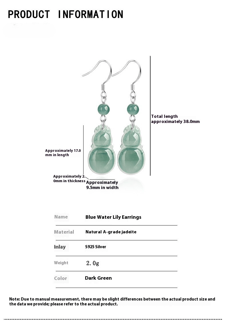 Elegant Gourd Jade Earrings S925 Silver | Natural Blue Water Jade Jewelry for Women - STAR8S