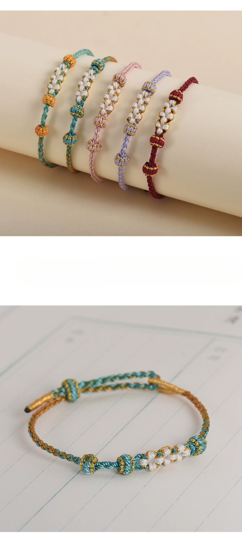 elegant handcrafted peach blossom knot bracelet – adjustable red cord & golden thread design | star8s