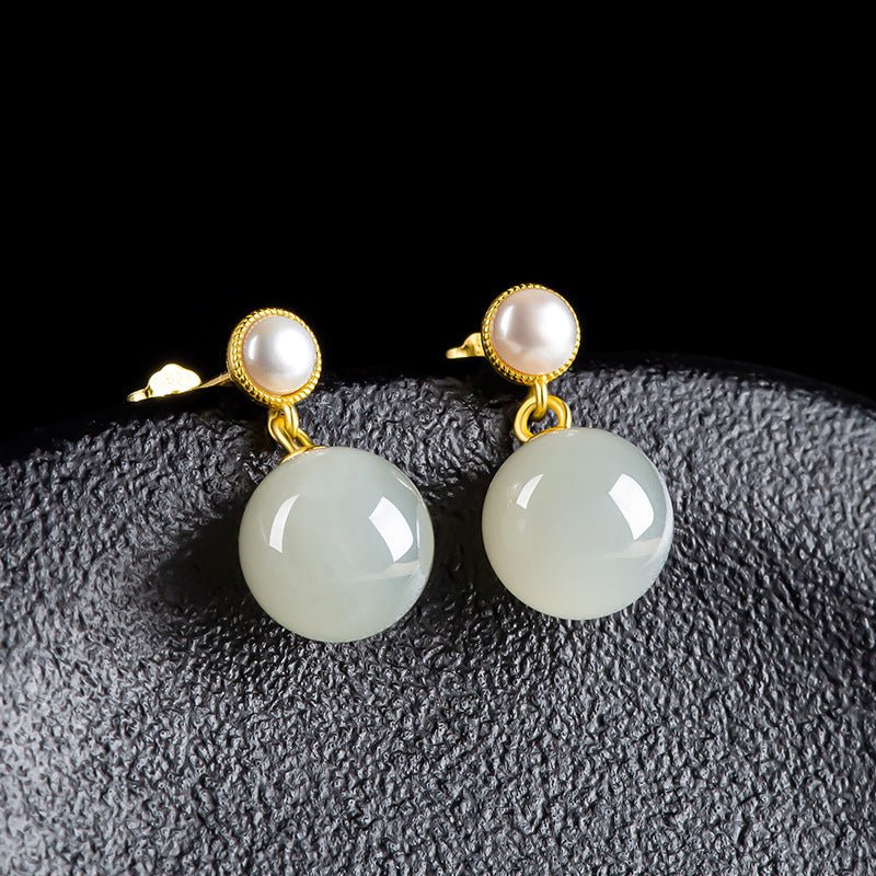 Elegant Hetian Jade & Pearl Stud Earrings | S925 Silver Inlay | Stylish and Simple Design - STAR8S