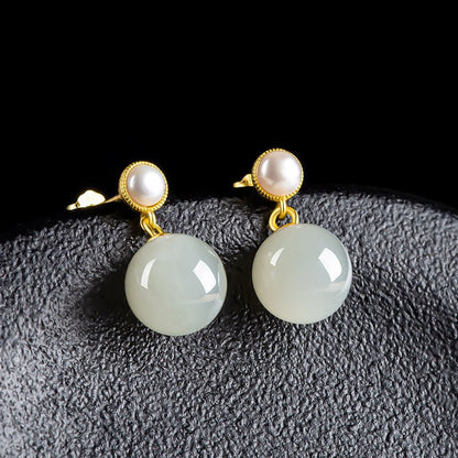 Elegant Hetian Jade & Pearl Stud Earrings | S925 Silver Inlay | Stylish and Simple Design - STAR8S