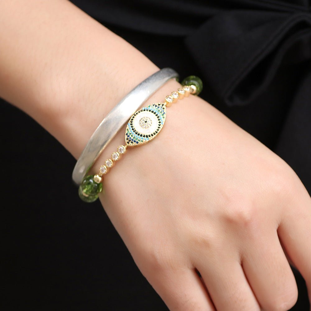 Elegant Peridot Zircon Evil Eye Beaded Bracelet | High - Quality Copper and Zircon Design for Women - STAR8S