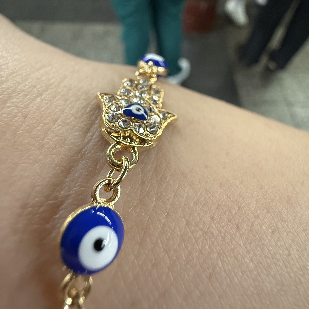 protective evil eye hamsa bracelet - gold-plated spiritual talisman wristband with sparkling diamonds & heart accents - meaningful mindfulness blessing gift for her