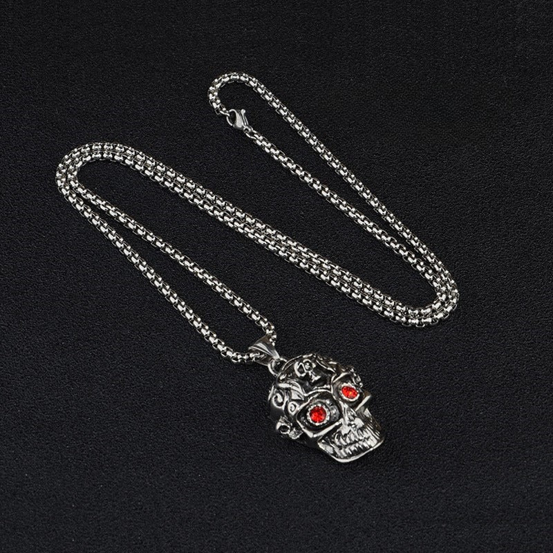 men's punk skull pendant necklace with red rhinestone eyes stainless steel box chain hip hop streetwear gothic biker skull jewelry heavy duty stainless steel pendant for men