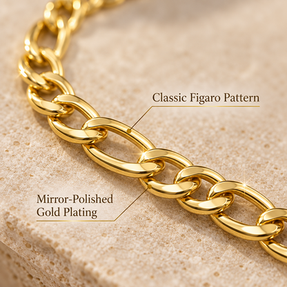Gold-Tone Brass Figaro Chain Bracelet with Adjustable Extender
