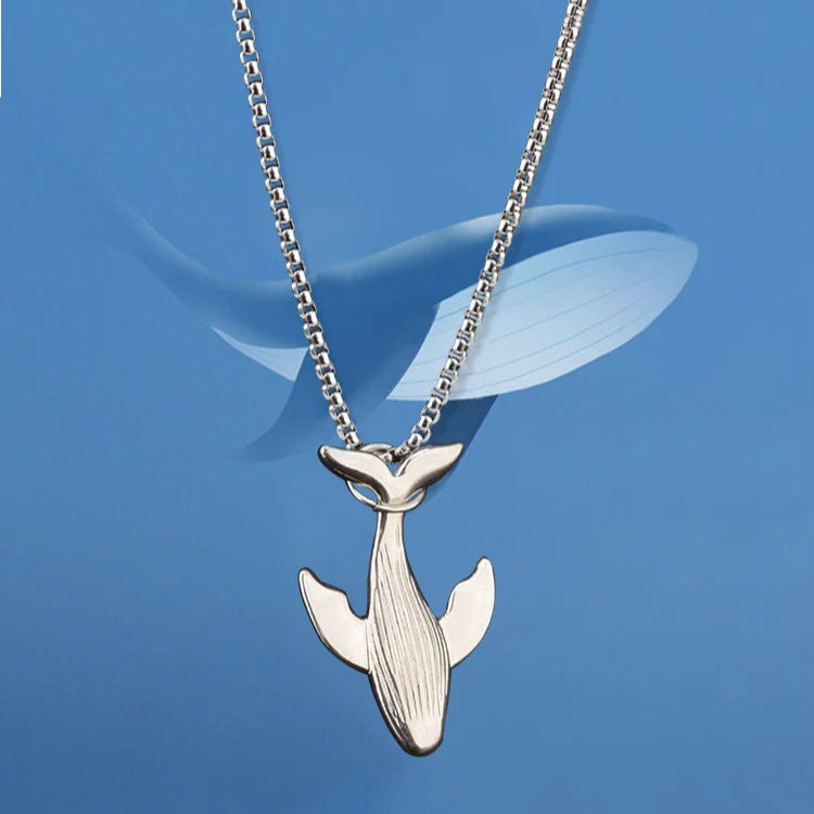 titanium steel whale fall pendant necklace for men unisex vintage silver humpback whale tail charm long box chain sweater necklace hip hop streetwear minimalist ocean jewelry aesthetic gift 27.5 inches