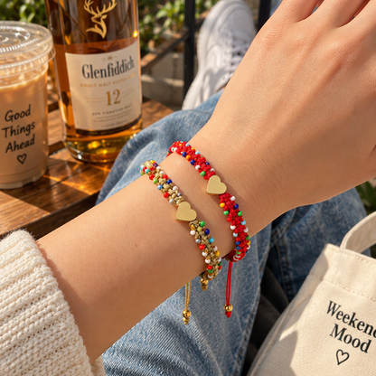 Handwoven Beaded Heart Bracelet for Women, Multicolor Beads and Gold-Tone Heart Centerpiece, Adjustable Sliding Knot Cord Closure, Sweet Boho Style with Decorative Beaded Edges and Dangling Cord Ends, Everyday Jewelry for Birthdays and Friendship Gif