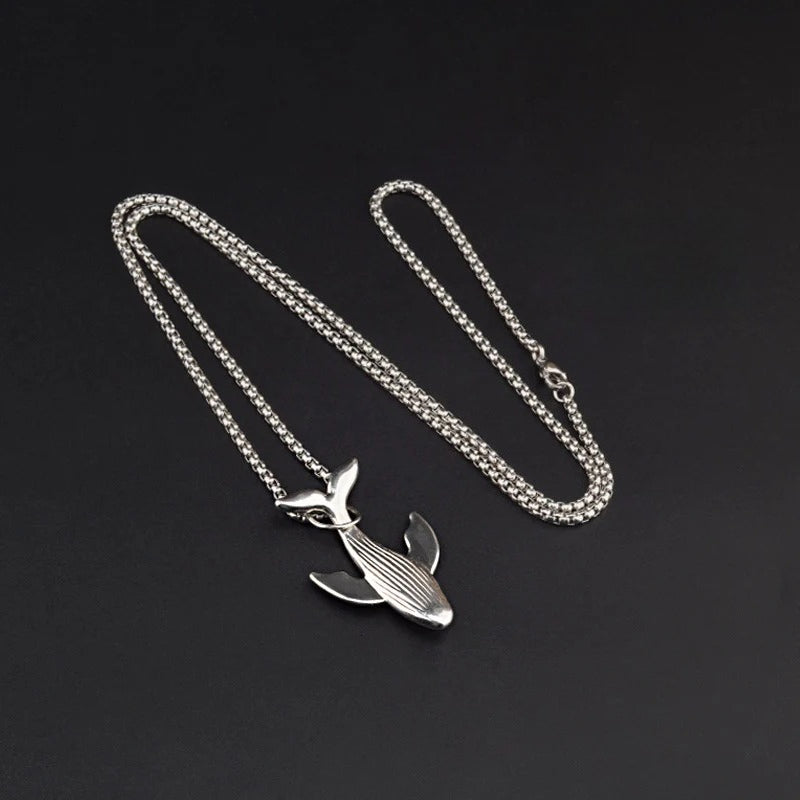 titanium steel whale fall pendant necklace for men unisex vintage silver humpback whale tail charm long box chain sweater necklace hip hop streetwear minimalist ocean jewelry aesthetic gift 27.5 inches